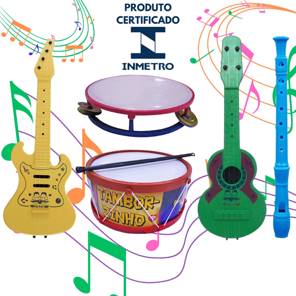 Kit Musical Brinquedos Educativo C/5 Instrumentos Tambor Violão Pandeiro Flauta Infantil