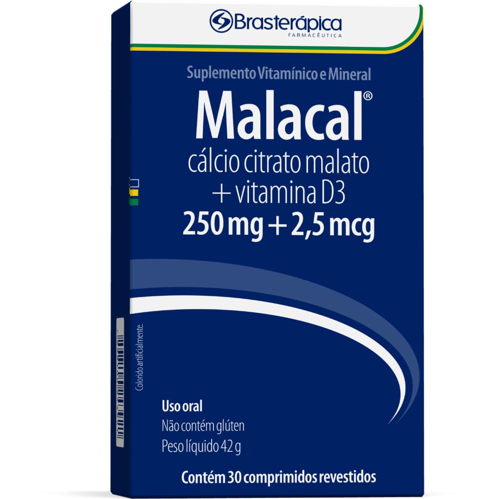 Malacal Suplemento Alimentar Vitaminico Calcio Citrato Malato Vitamina D3 250mg+2,5mcg Brasterapica