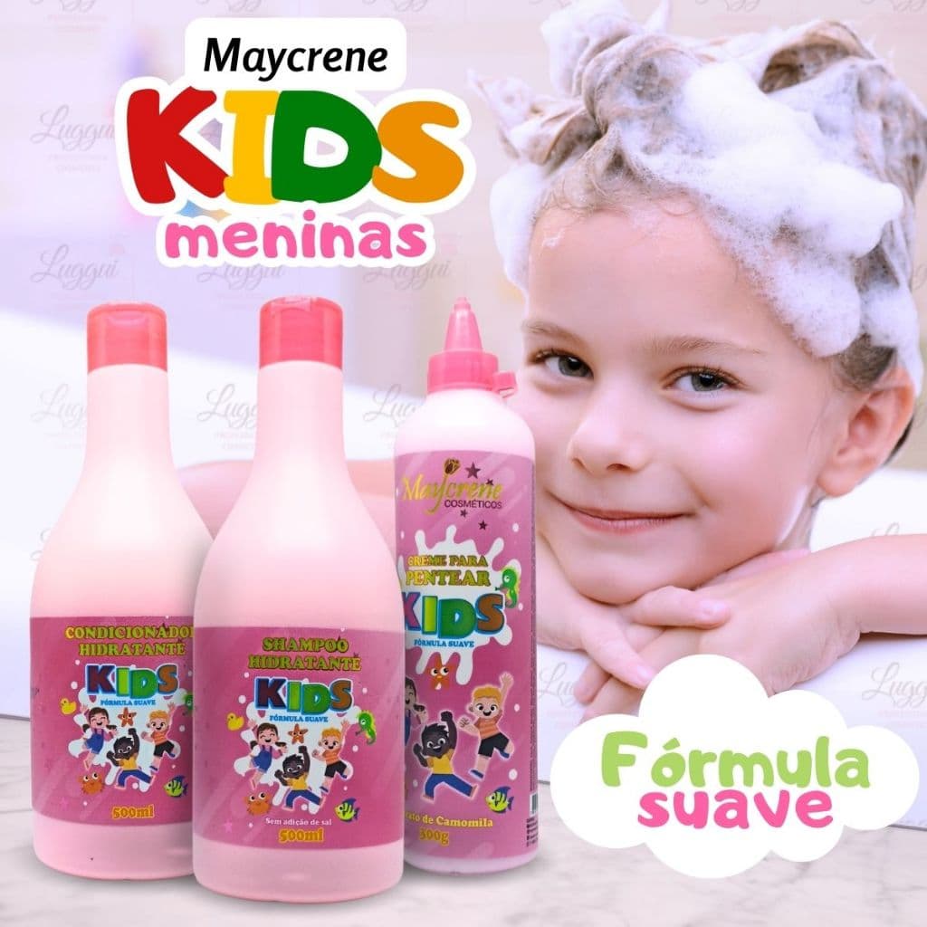 Kit Hidratante Rosa KIDS - Shampoo, Condicionador e Creme de Pentear Maycrene para Crianças