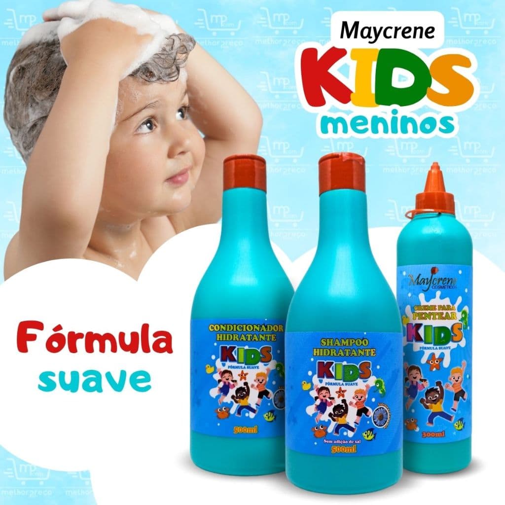 Kit KIDS Azul Shampoo 500ml + Condicionador 500ml + Creme de Pentear 300ml Kit Hidratante de Uso Infantil Maycrene