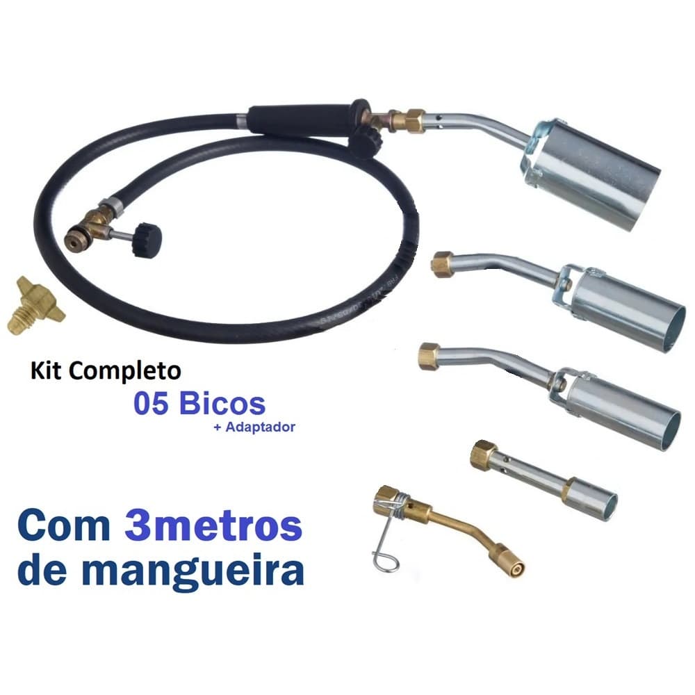 Maçarico Solda GLP Kit Completo 5 Bicos + Adaptador 13kg gás