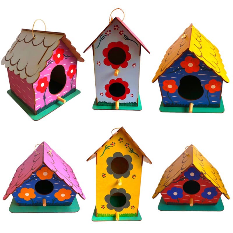 Conjunto 6 Casinhas para Pássaros Ninho Mdf Colorido Pintado à Mão Artesanal