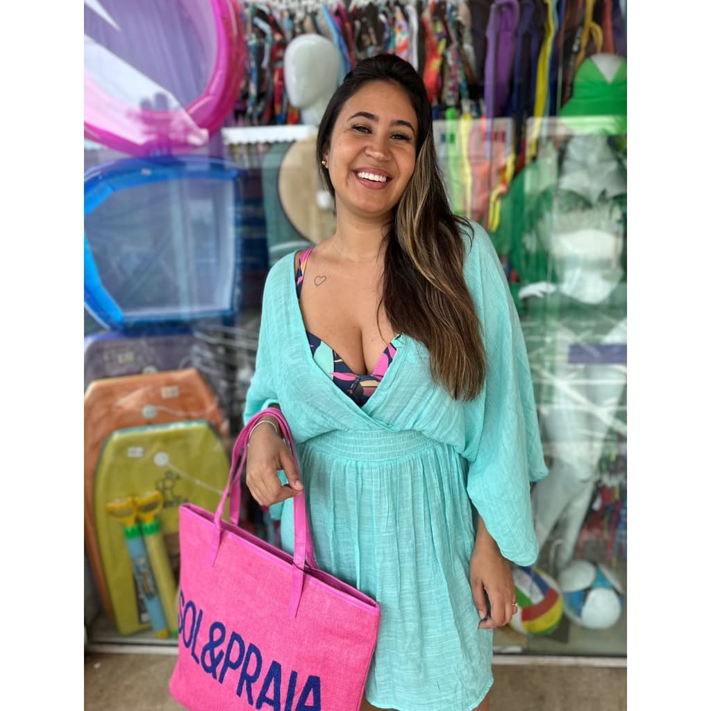 Vestido curto de praia, vestido saída de praia, vestido com elastico, vestido manga curta