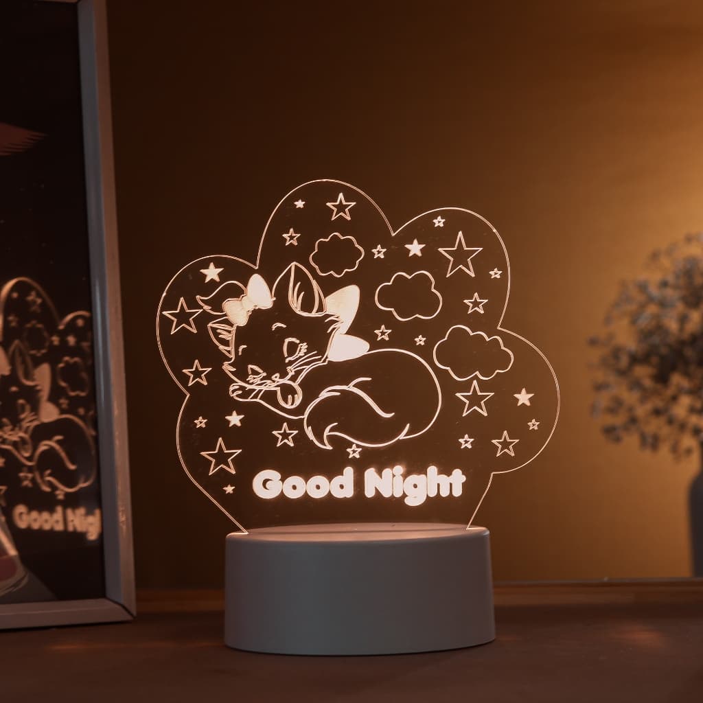 Luminária LED 3D de Mesa / Luz Noturna Presente Criativo / Decoração - gata marie good night, boa noite, gatos, animais, pets