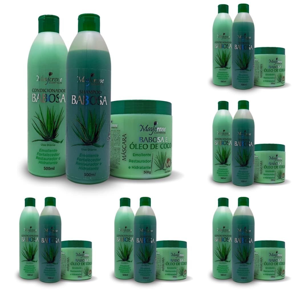 6 Kits Babosa e Óleo de Cocô 18x500ml Maycrene - Emoliente, Restaurador e Hidratante (6 shampoo, 6 condicionador e 6 máscaras)