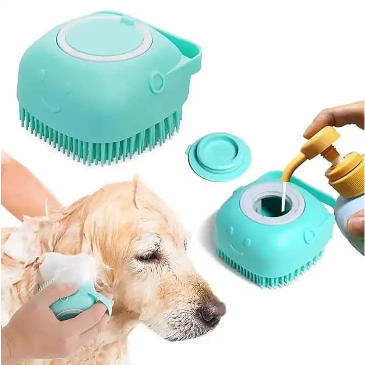 Escova de Banho Pet Massageadora para Cão Gato Coelho Humano com Depósito para Shampoo ou Sabão