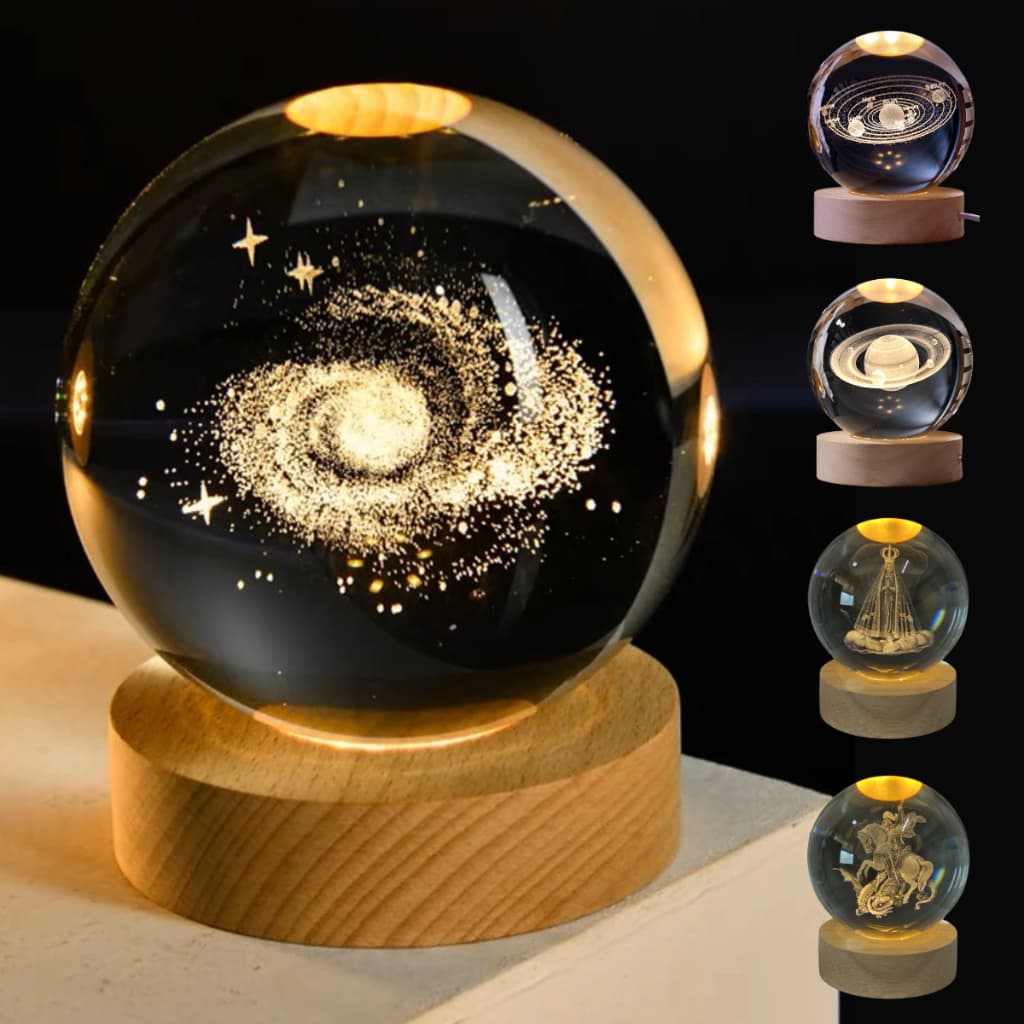 Luminária De Mesa Bola De Cristal Led Abajur - Lua, Sistema Solar, Saturno, Galáxia, Árvore  - Tamanho M e G