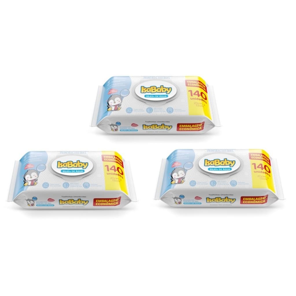 Kit 420 Toalhas Umedecidas Infantil Flip Top Primeiro 100 Dias Isababy 3 Pacotes de 140 unidades.