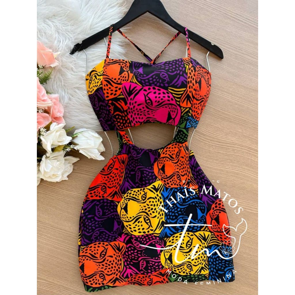 Vestido Macaquinho Feminino Estampa Tropical Tecido crepe Contém bojo alça fina Amarra atrás