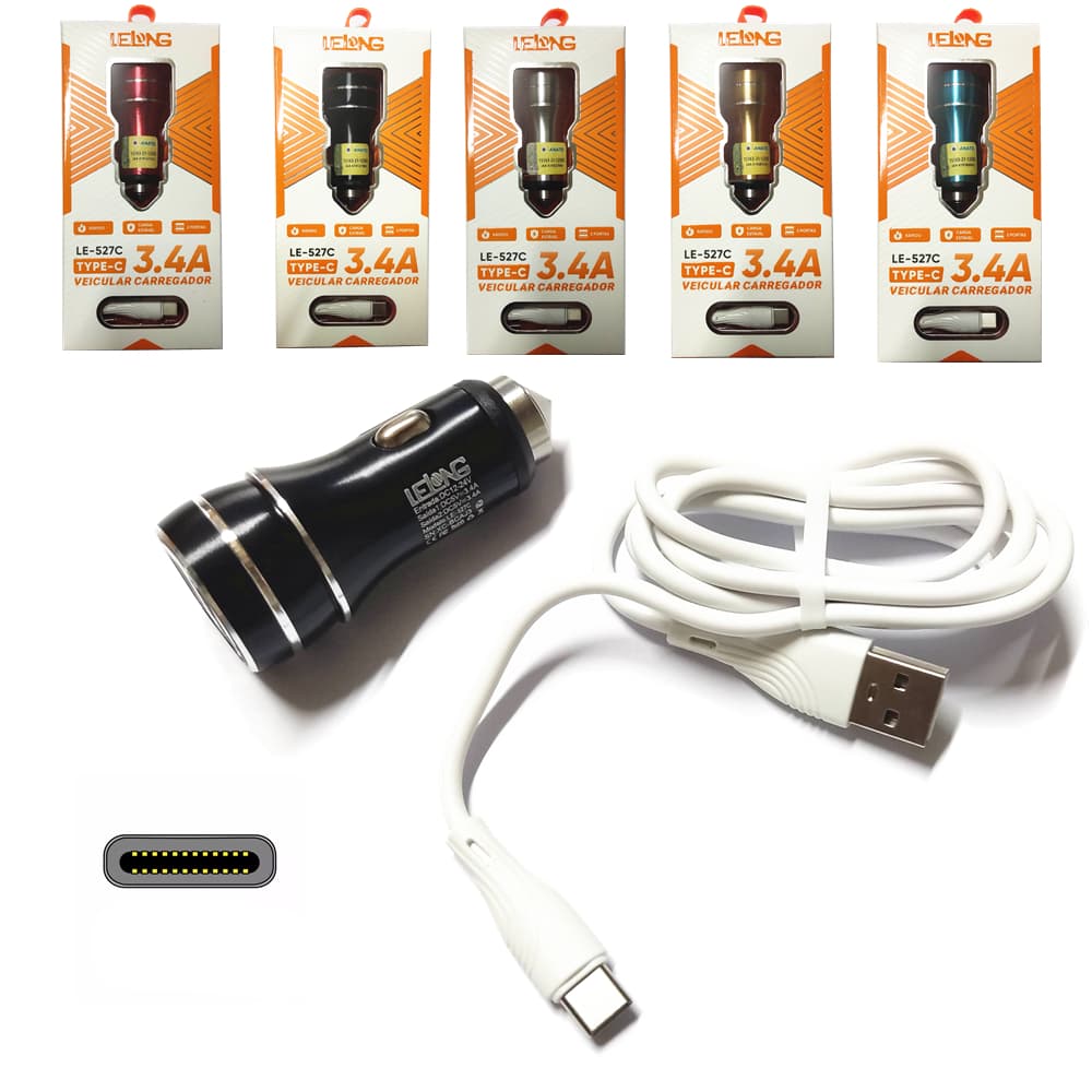 Carregador Veicular Rápido Automotivo 3.4 com cabo TIPO C TYPE-C Lelong Original