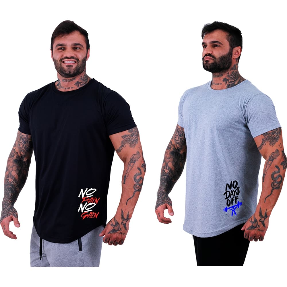 Kit 2 Camiseta Longline MXD Conceito Estampada Caveiras No Pain No Gain Academia Treino Musculação