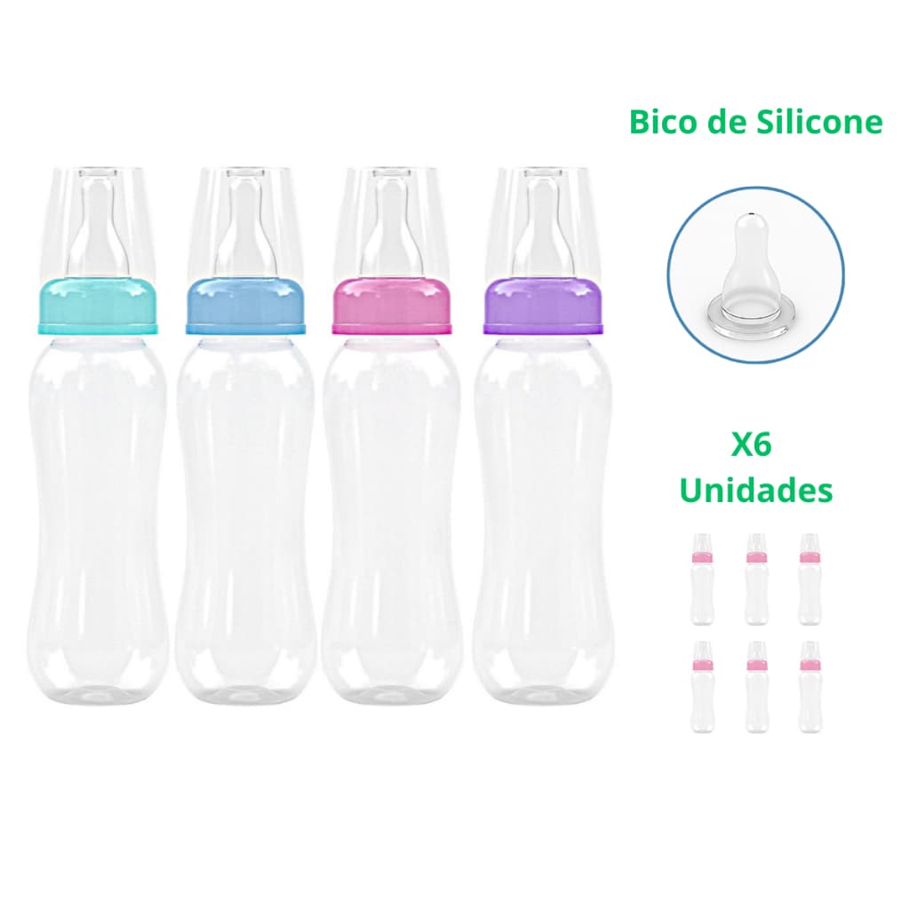Kit 6 Mamadeiras Bebê Menino Menina 240 Ml Saquinho Bico de Silicone Mamadeira 240ml