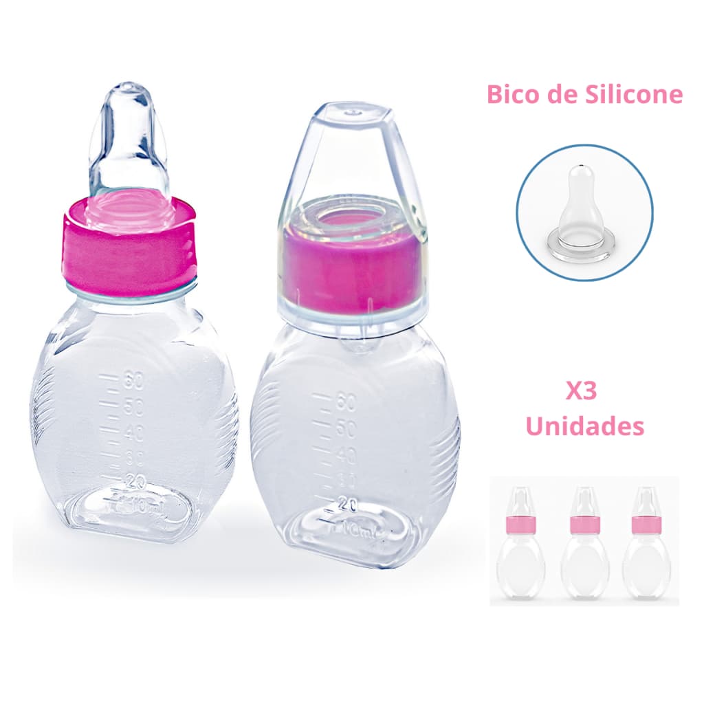 Mamadeira Chuquinha 60ML COM 3 UNIDADES Mamadeira 60ml Bico Baby de Silicone Chuquinha Bico Mini