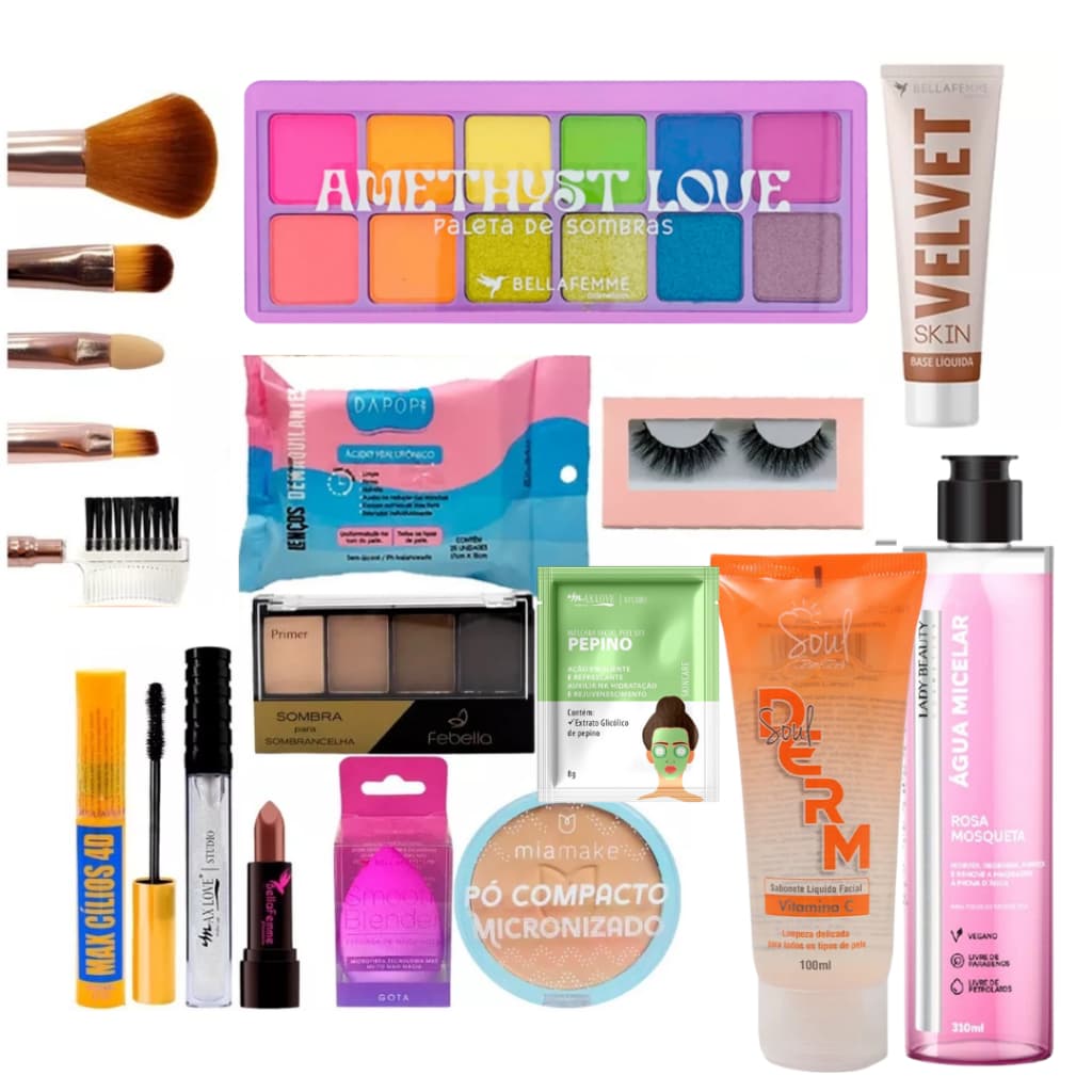 Kit de Maquiagem Paleta de Sombra Creme Facial Pincel Base Liquida Pó Compacto Batom
