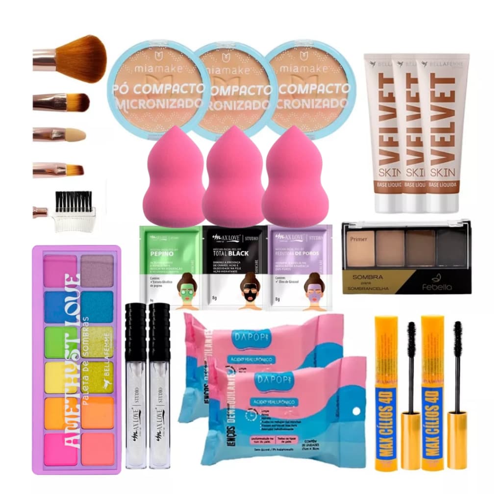 Kit de Maquiagem Revenda Base Liquida Pó Compacto Estojo de Sombra Pincel Rímel