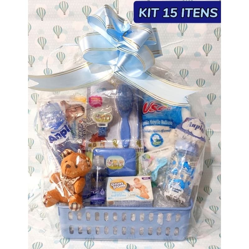 Cesta presente bebe Kit 15 itens Mamadeira 240 ml/140 ml + sabonete pompom.+Kit banho higiene do bebê presente maternida