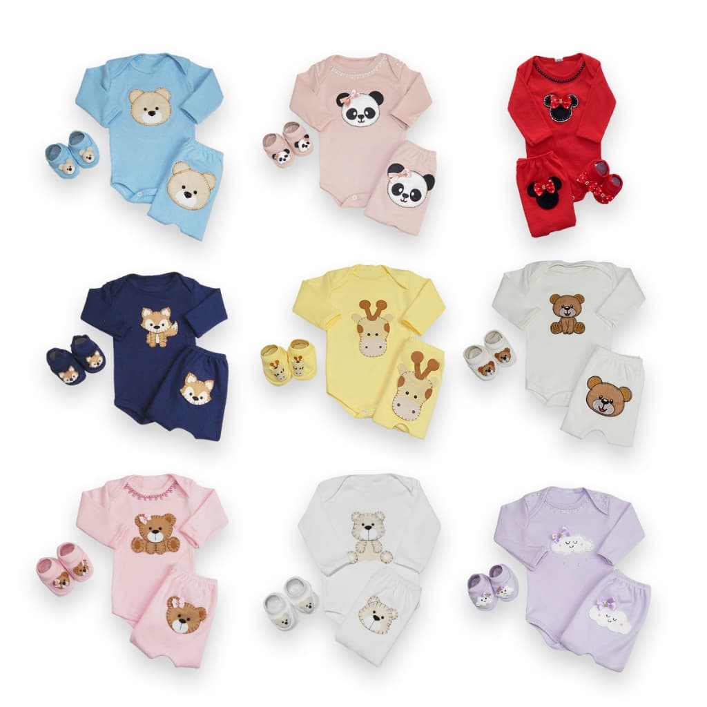 Body Bebê Longo e Calça Tapa Fralda Bordada com Sapatinho Kit 3 peças