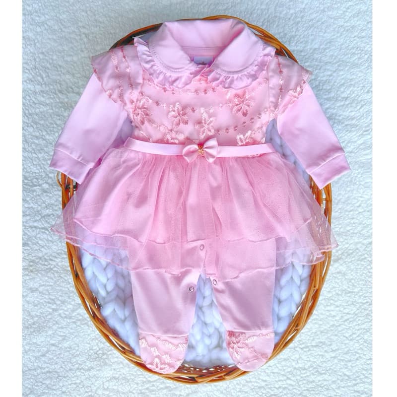 Macacão bebê menina com vestido tule rosa bebê Manuela