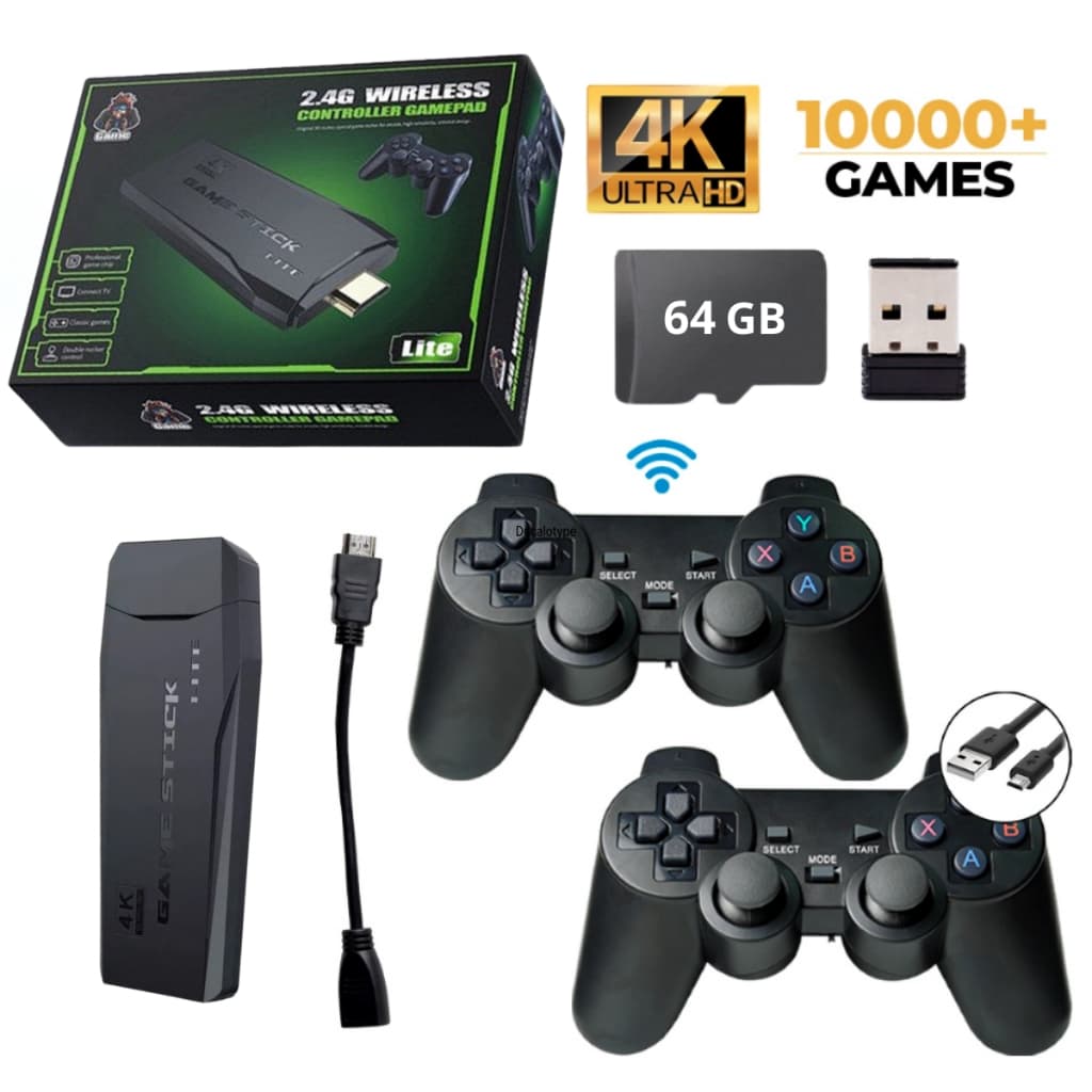 Vídeo Game Stick 10 mil Jogos Retrô Antigo 4K Controle Sem Fio Portátil Original 2 Consoles