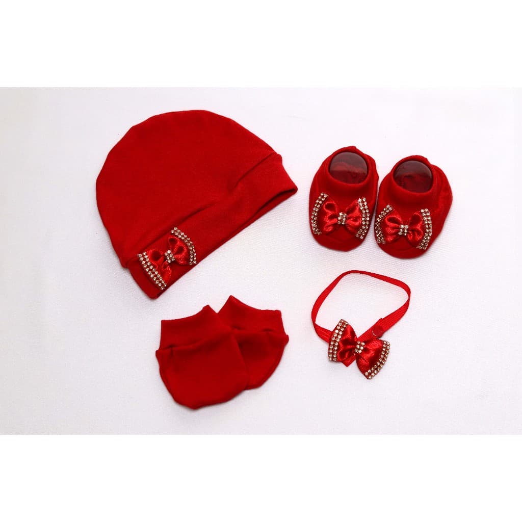 KIT ACESSORIOS BEBE COM TOUCA LUVAS SAPATINHO E PREGADOR DE CHUPETA TEMA LAÇO STRASS