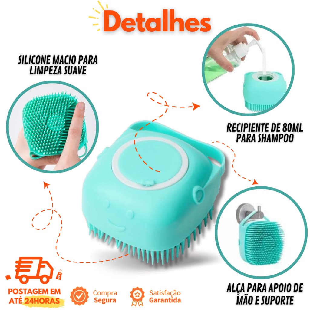 Esponja de Banho - Dispenser Shampoo - Esponja de Silicone - Escova de Banho para Pet - Banho Pet