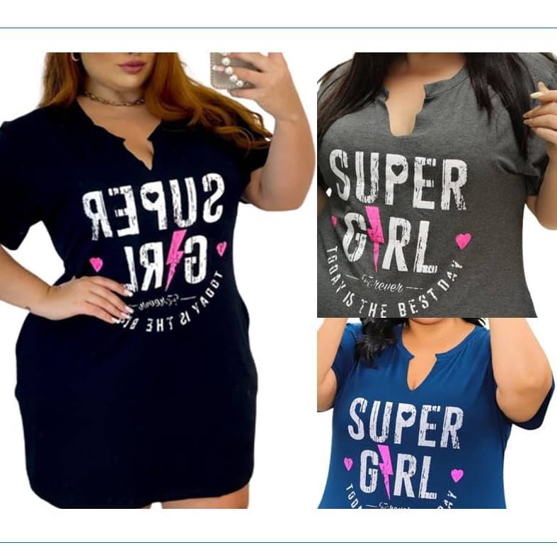 Vestido feminino ou camisetão Super Girl 38 ao 64 plus size Blusão moda feminina alegre carnaval verão férias