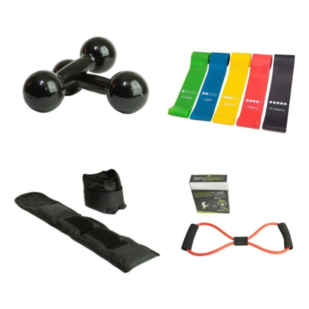 Kit Treino Aeróbico Par Halter 2 Kg Peso Emborrachado Par Caneleira 3 Kg Academia Kit Theraband Elástico