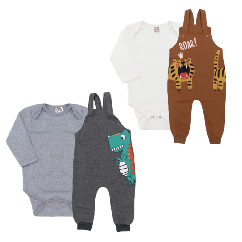 Jardineira Bebê Menino Kit 4 Pçs Jardineira E Body Longo Menino E Menina