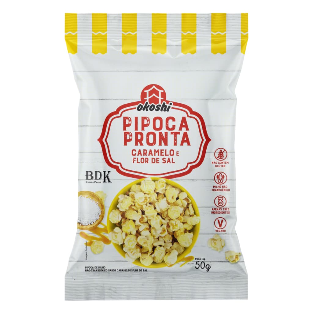 10x Pipoca Pronta Caramelo e Flor de Sal Okoshi - Saudável, vegana, 3 ingredientes, caramelo salgado, pipoca gourmet