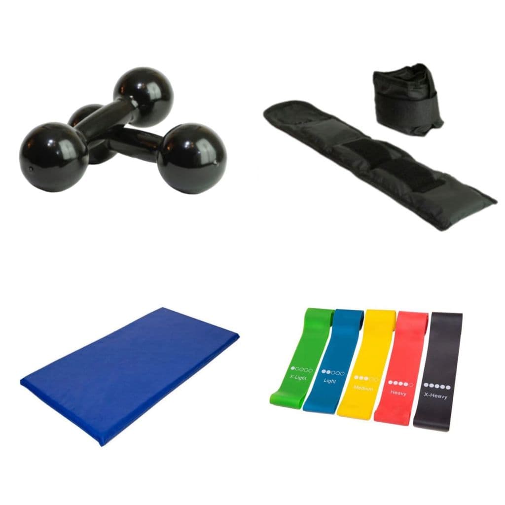 Kit Treino Em Casa Par Halter 1 Kg + Par Caneleira 2 Kg + Colchonete + Kit Mini Band