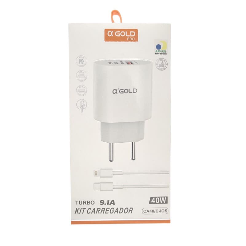 Kit Carregador Turbo 40w Carregador Rapido Para Celular IOS Turbo Carregador Saída USB-C Carregador 9.1A Fonte e Cabo  Qualidade Premium