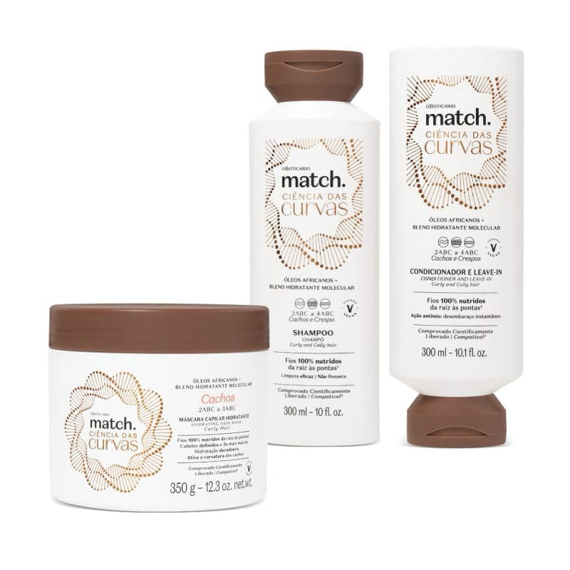 kit Match Ciência das Curvas: Shampoo 300ml + Condicionador 300ml + Máscara Hidratante Cachos 350g