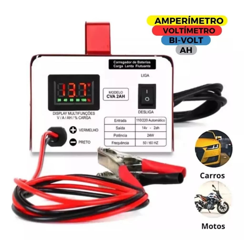 Carregador De Bateria 12v Carro Moto Cva2 Com Display