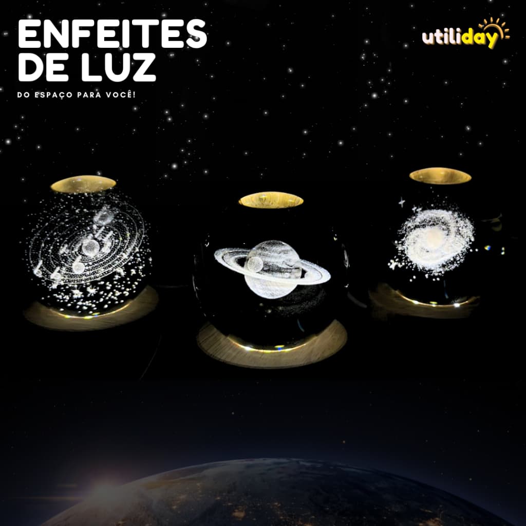 Luminária Bola de Cristal 6cm Led Mesa Globo 3d Base Madeira Decoração Abajur Presente Enfeite Lua Luz