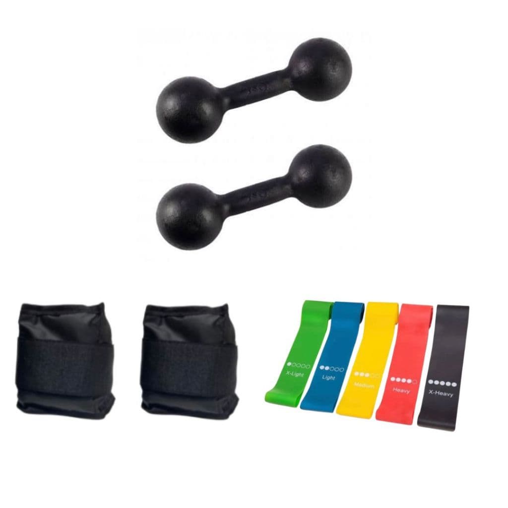 Kit Fisioterapia Treino Funcional Par halter 2 Kg Pintado + Par Caneleira 2 kg Preta + Kit Theraband