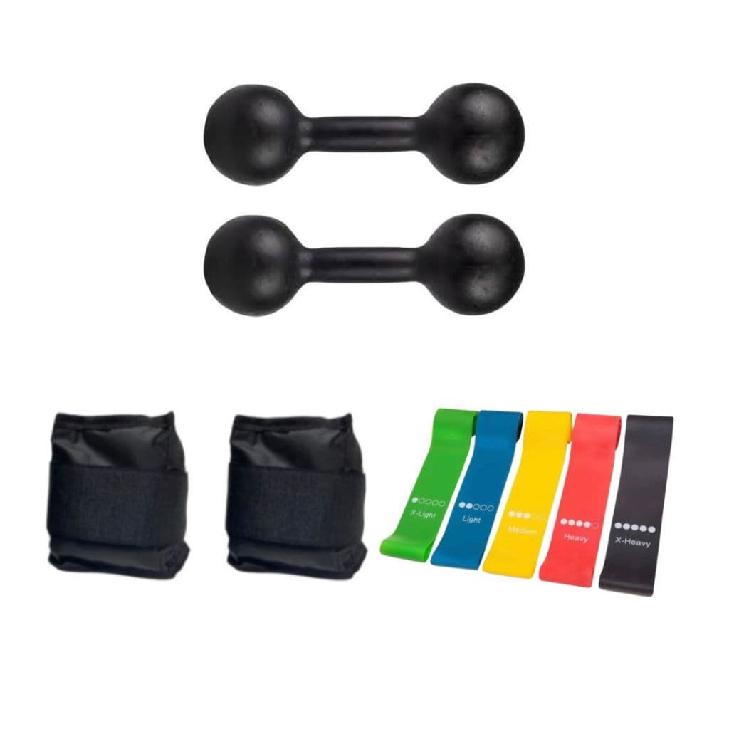 Kit Treino Completo Par Halter 3 Kg Pintado + Par Caneleira 3 Kg + Kit Mini Band 5 Tensões