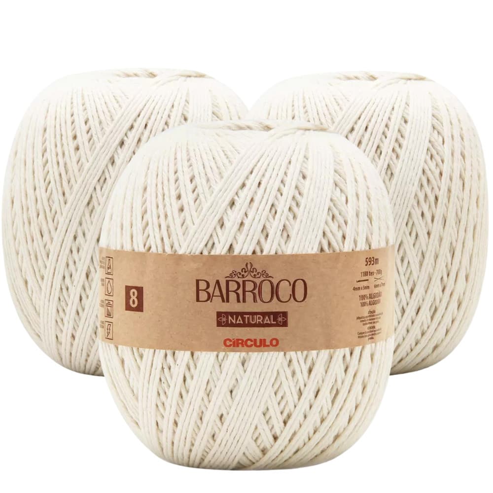 Kit Barbante Barroco Para Crochê Natural N°8 700gr 3und