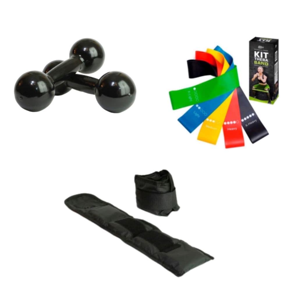 Kit Funcional Academia Halter 1kg Pesinho + Caneleira 1kg + Kit Theraband Elásticos Treino