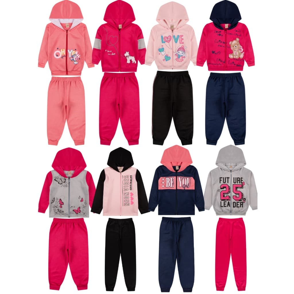 Kit 6 Peças Infantil Moletom Menina Juvenil Inverno Zíper Tamanho 1 ao 14 - 3 Casacos + 3 Calças Roupa Infantil