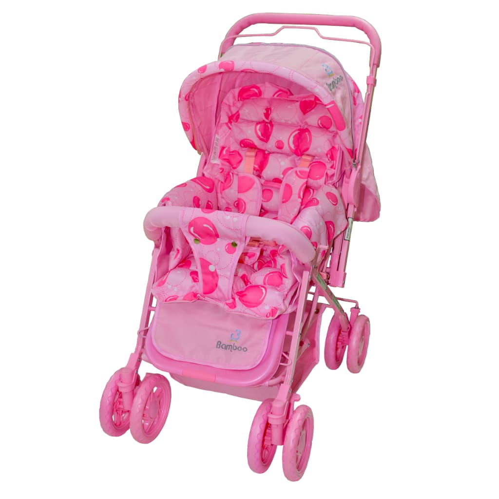 Carrinho Bebê Passeio Menina Menino Reclinável  Berço Alça Reversível com Mosquiteiro Rosa+Bolsa