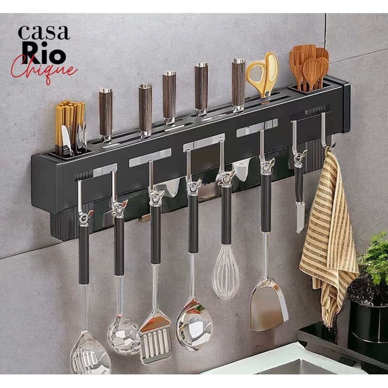 Organizador Multiuso em Aço Inoxidável Porta Utensilios Domesticos Faca Talheres Suporte com Ganchos Montagem Na Parede