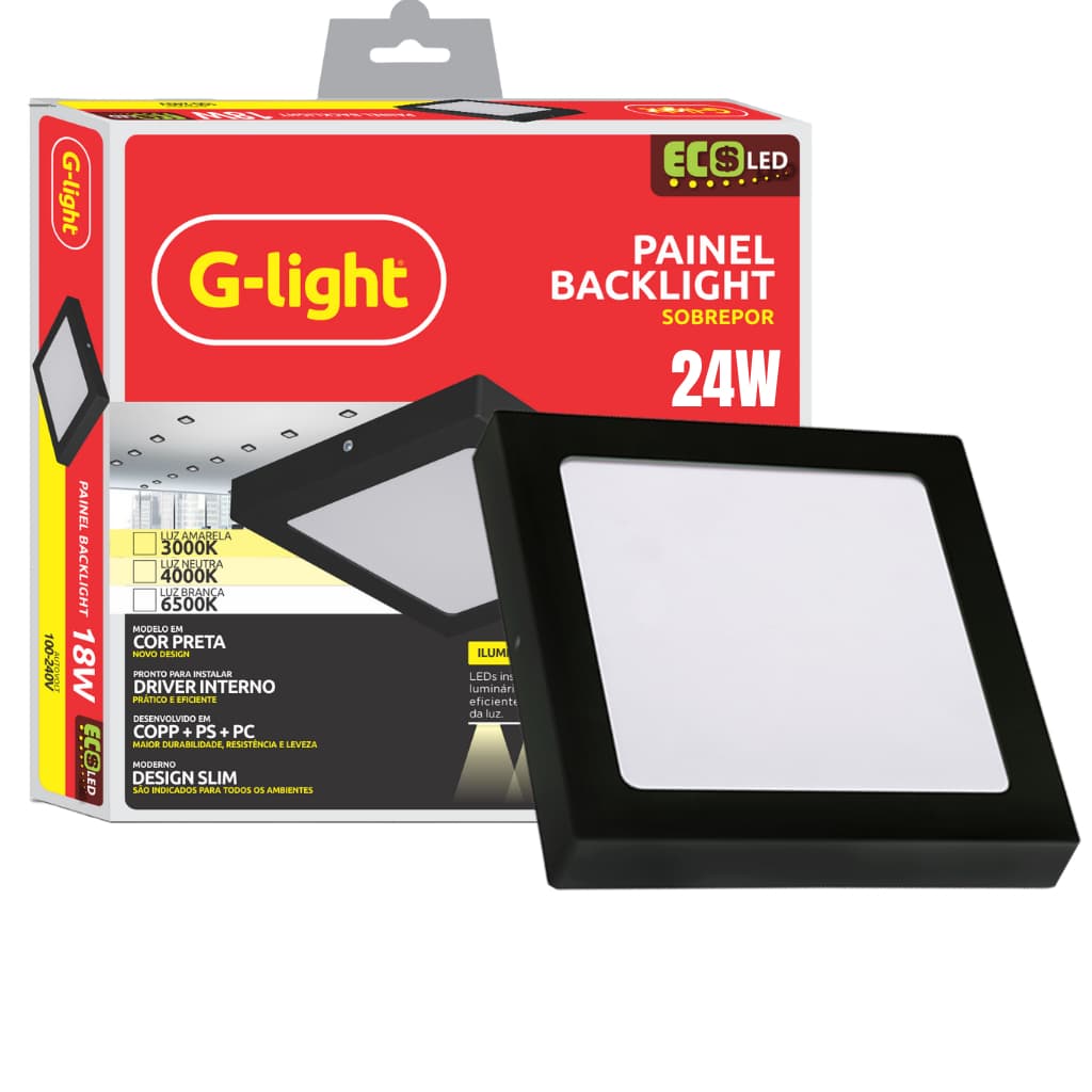 Luminária Painel Plafon Led 24W Preto Sobrepor Quadrado Branco Frio 6500K