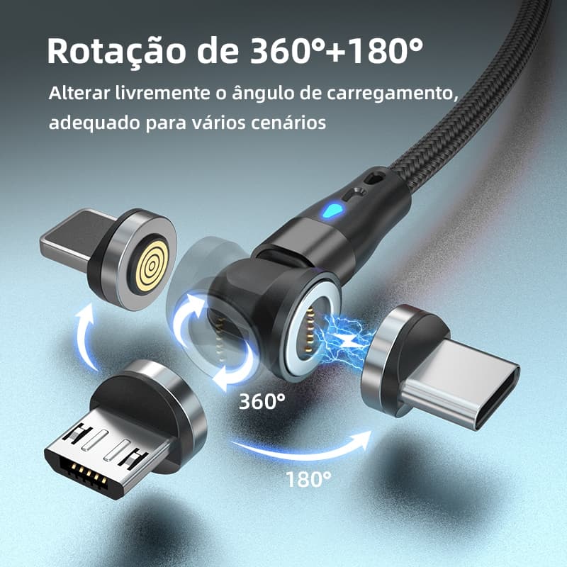 Cabo Carregador Magnético 3 em 1 540° 3A Turbo Rápido USB Tipo C Lightning Android Para iPhone Xiaomi Todos os Celulares