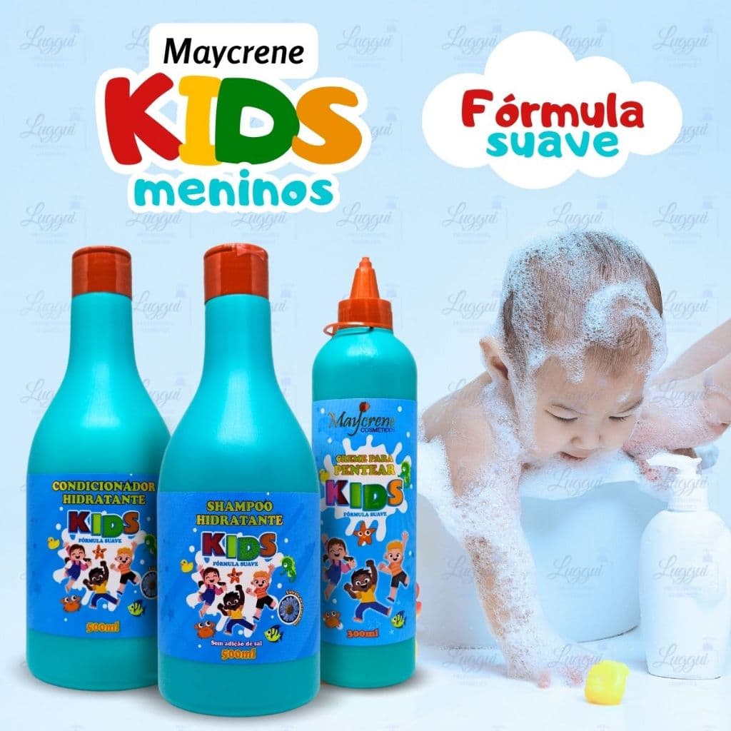 Kit Hidratante Kids Azul para Uso Infantil - Shampoo, Condicionador e Creme de Pentear Maycrene