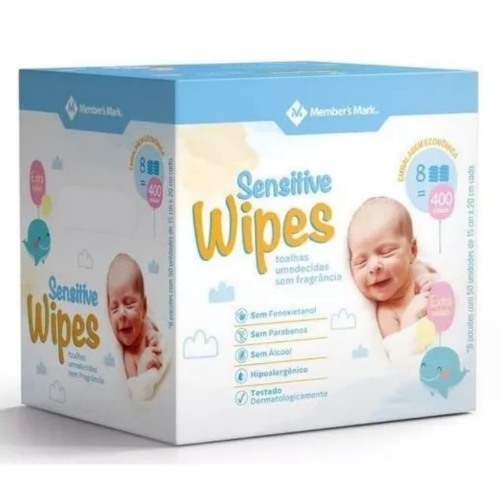 Lenços Toalhas Umedecidos Sem Fragrância Sensitive Wipes Member's Mark 8 Pacotes de 50 Unidades Cada