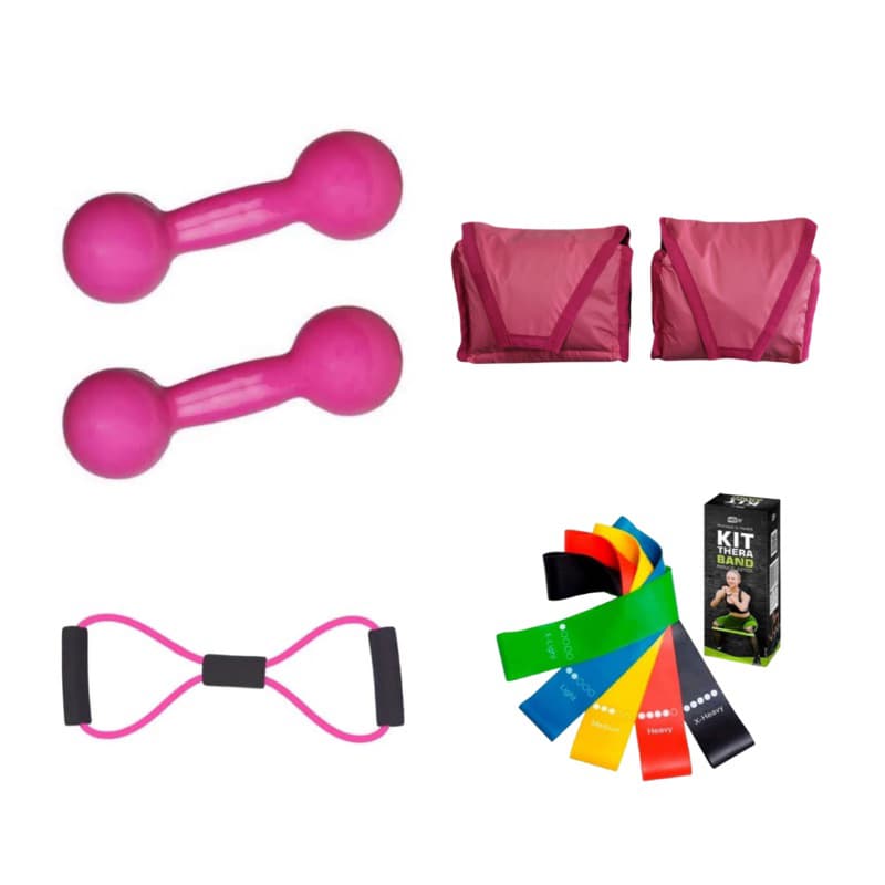Kit Treino Rosa Par Peso Halter 2 Kg + Par Caneleira 2 Kg Rosa + Kit Theraband + Elástico Multifuncional