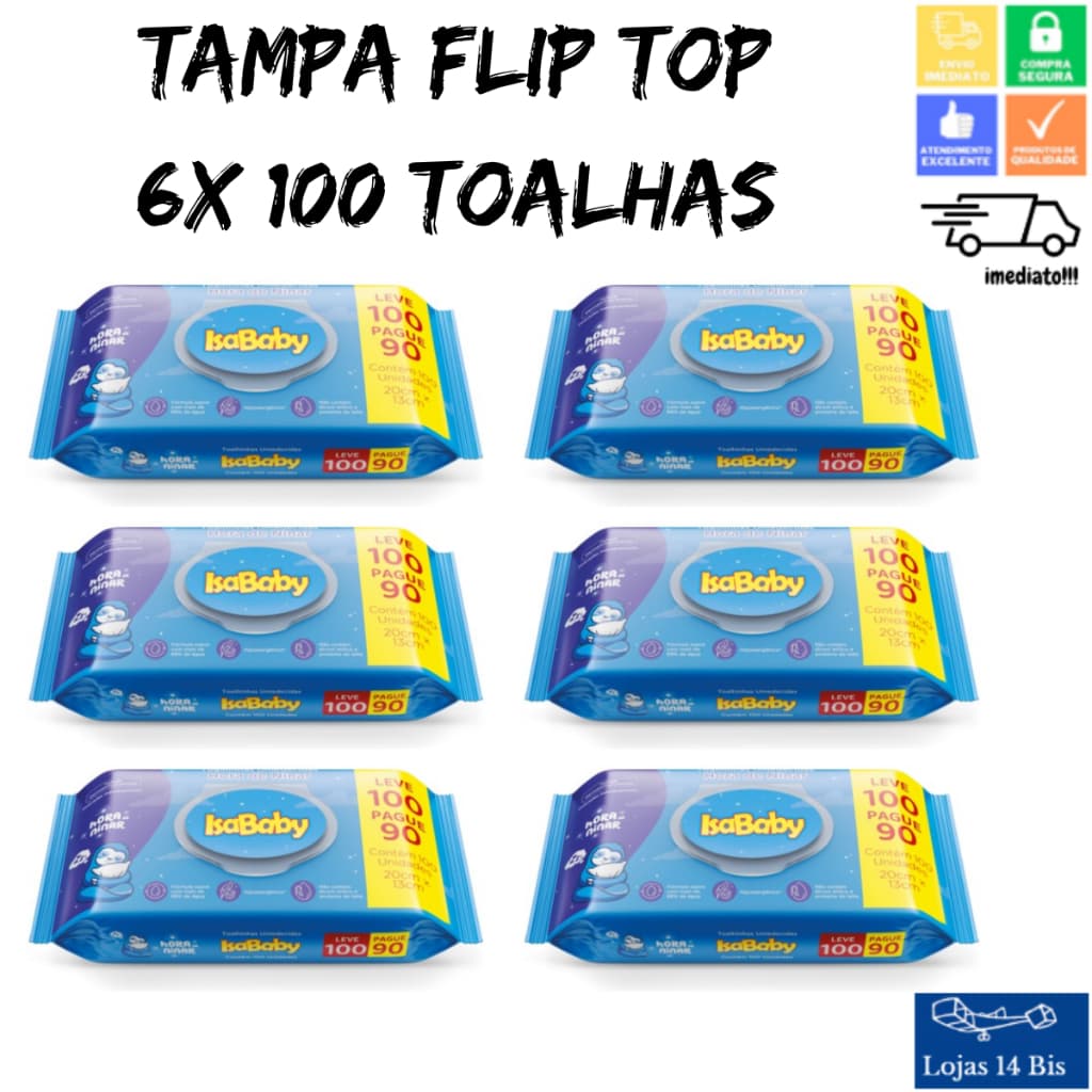 6 Toalhas Lenços Umedecidos Infantil Hora de Ninar Tampa Flip Top Com 100 Unidades Isababy