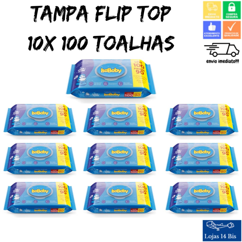 10 Toalhas Lenços Umedecidos Infantil Hora de Ninar Tampa Flip Top Com 100 Unidades Isababy
