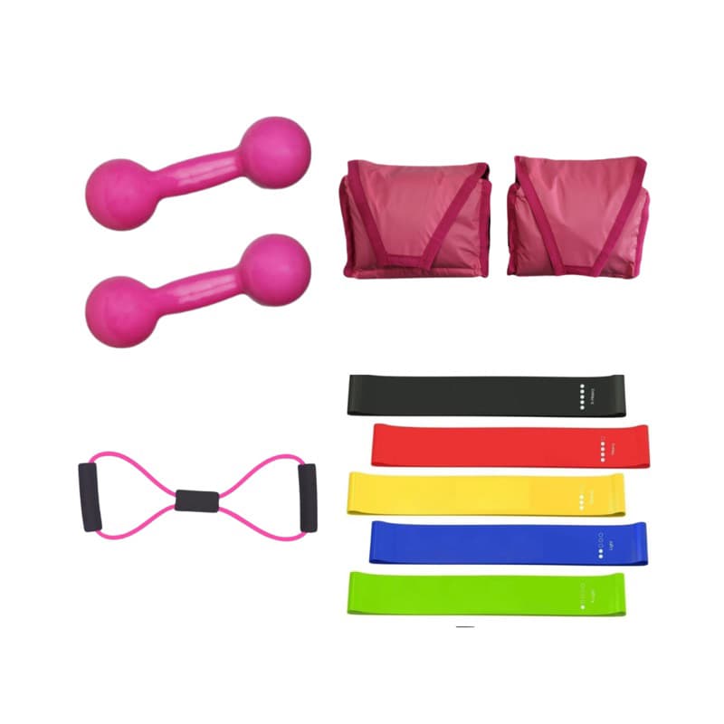 Kit Treino Rosa Par Halter 1 Kg Peso Academia + Par Caneleira Rosa 1 Kg + Kit Theraband + Elástico Multifuncional