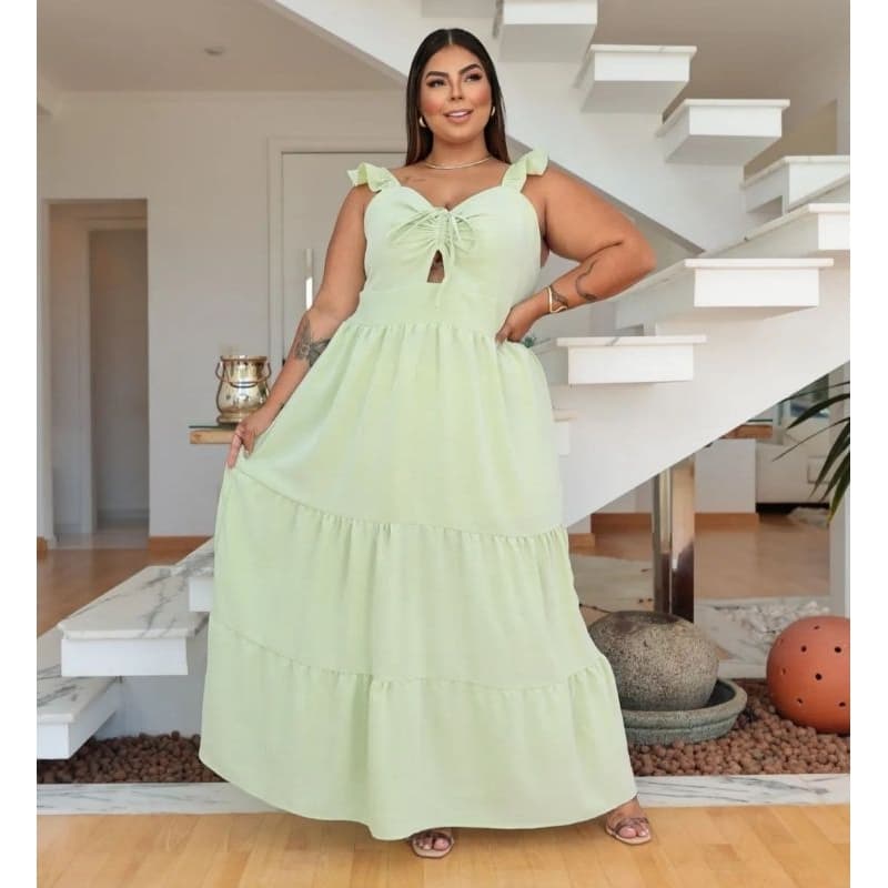 Vestido Longo Alcinha Saia Três Marias Buraco No meio Frontal Plus Size Vestido Camadas